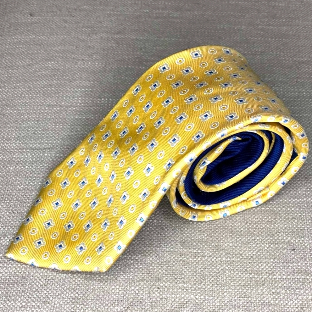 Tommy Hilfiger 100% silk yellow + blue Geometric necktie w/ decorative tipping - Picture 8 of 8
